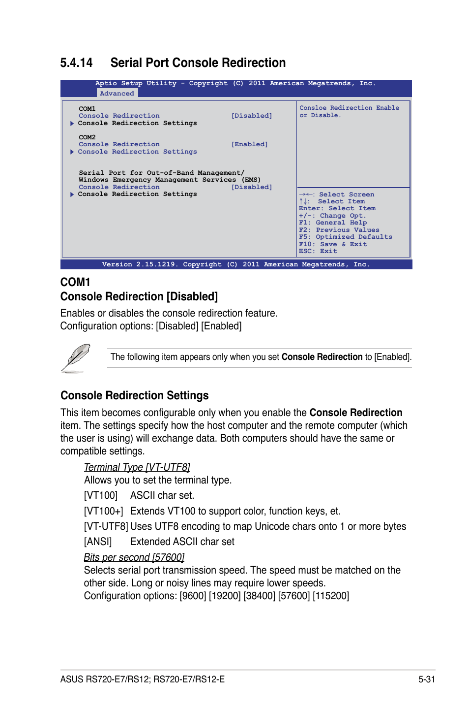 14 serial port console redirection, Console redirection settings, Com1 console redirection [disabled | Asus RS720-E7/RS12 User Manual | Page 99 / 190