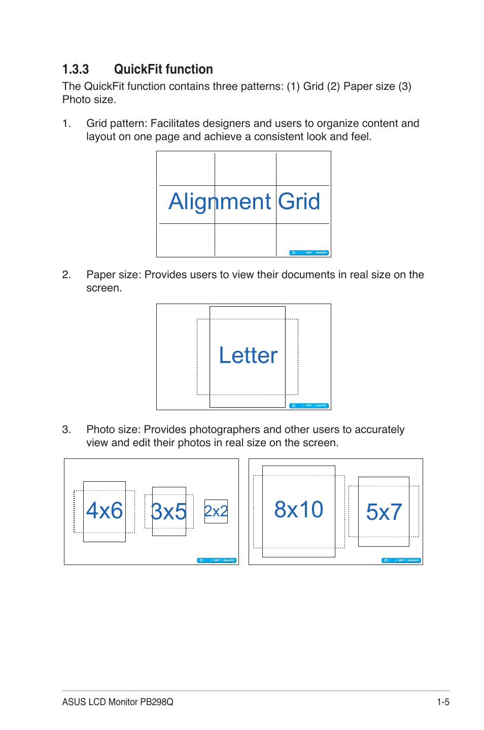 3 quickfit function, Quickfit function -5, Alignment grid | Letter | Asus PB298Q User Manual | Page 11 / 22