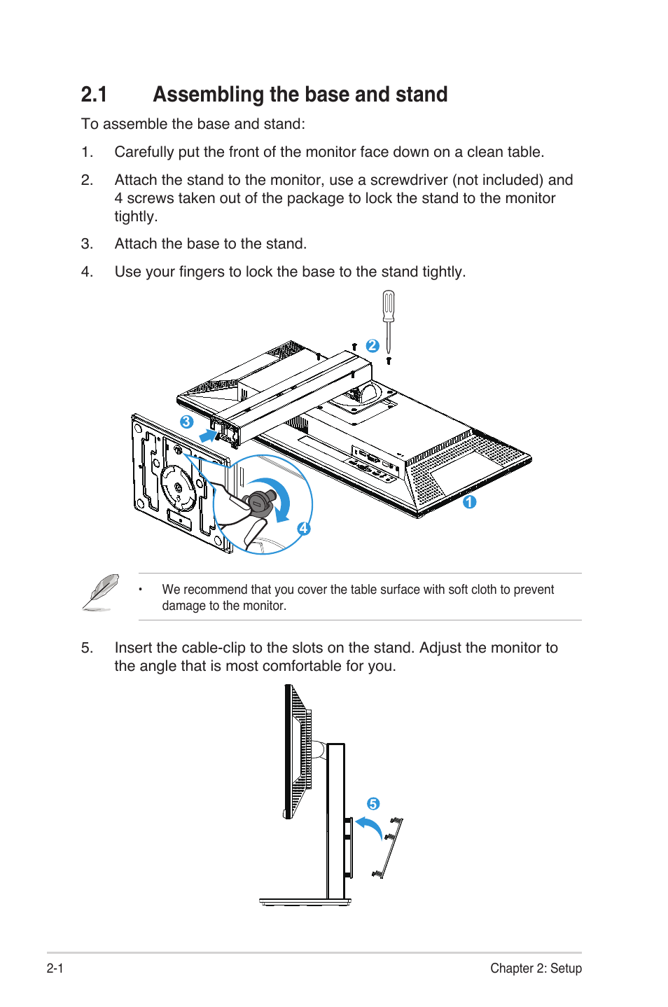 1 assembling the base and stand, Assembling the base and stand -1 | Asus PB298Q User Manual | Page 12 / 22