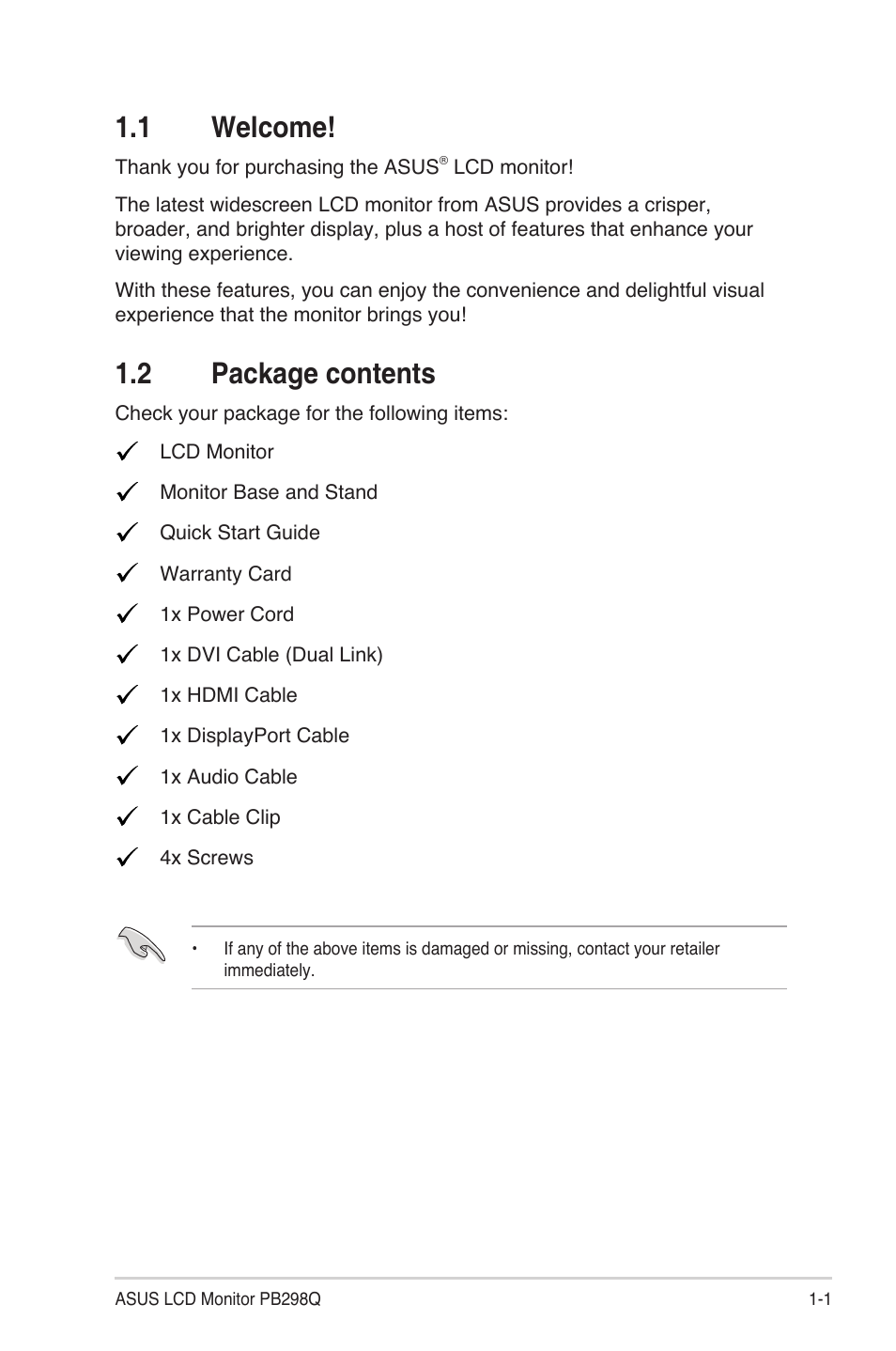 1 welcome, 2 package contents, 1 welcome! -1 1.2 | Package contents -1 | Asus PB298Q User Manual | Page 7 / 22