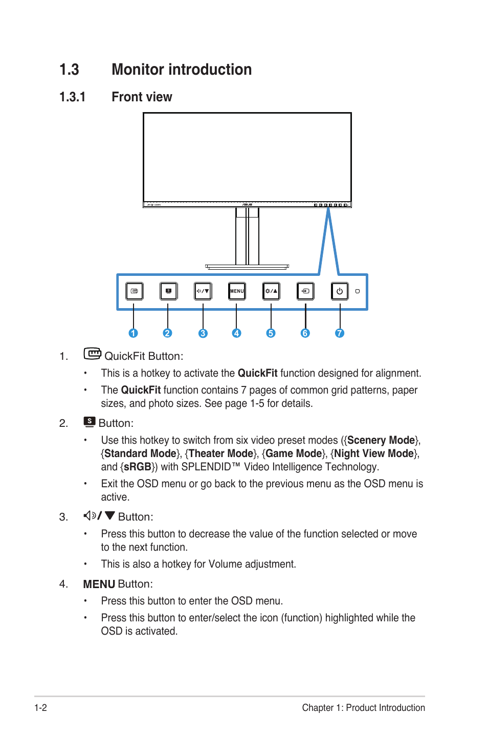 3 monitor introduction, 1 front view, Monitor introduction -2 | Front view -2 | Asus PB298Q User Manual | Page 8 / 22