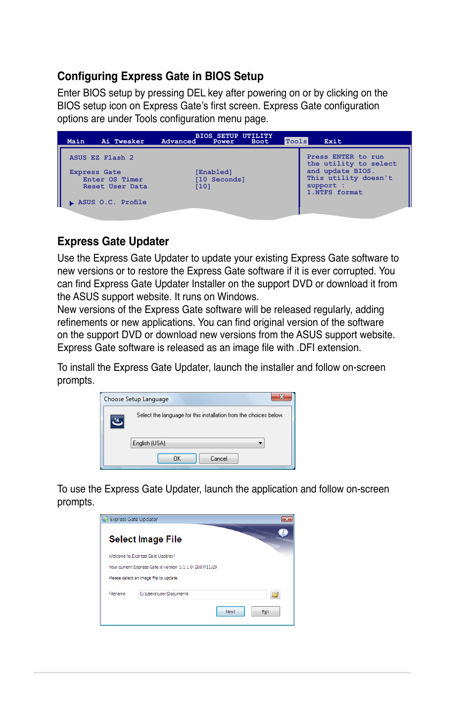 Configuring express gate in bios setup, Express gate updater | Asus Application Manual User Manual | Page 9 / 10