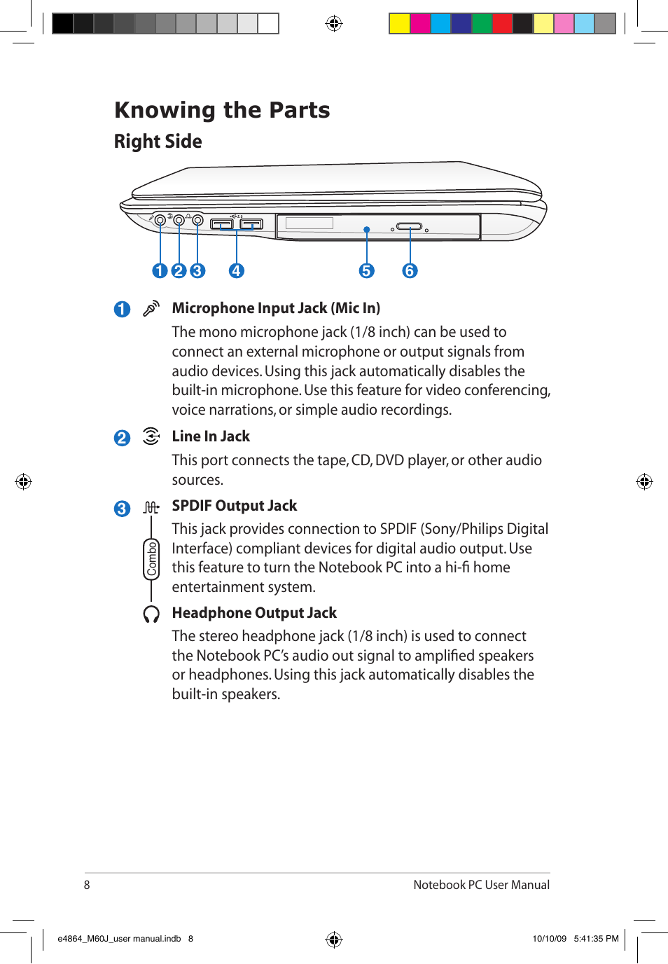 Knowing the parts, Right side | Asus M60J User Manual | Page 10 / 28