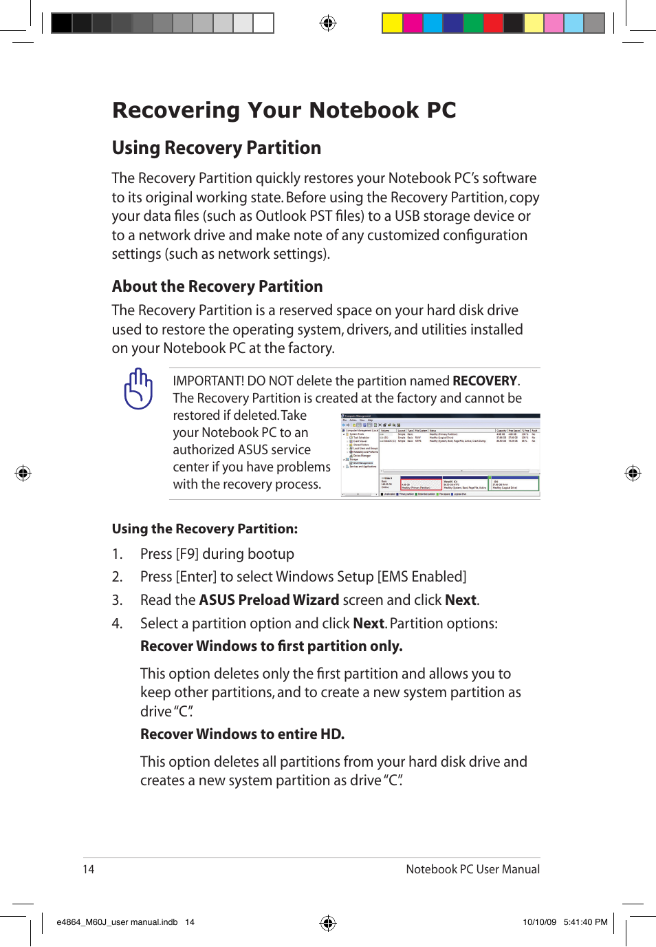 Recovering your notebook pc, Using recovery partition | Asus M60J User Manual | Page 16 / 28