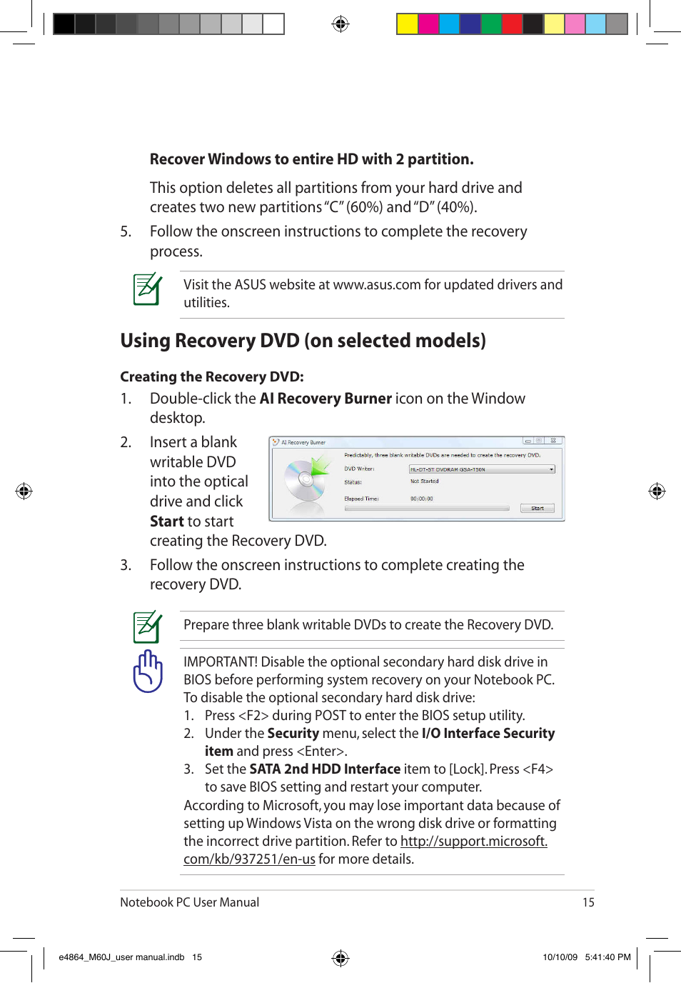 Using recovery dvd (on selected models) | Asus M60J User Manual | Page 17 / 28