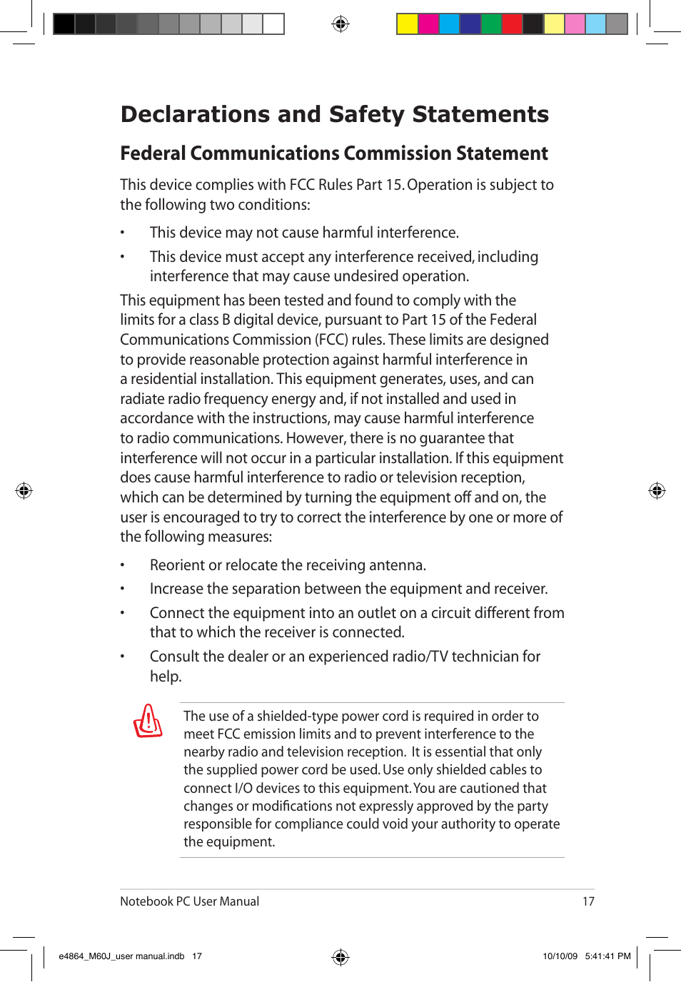Declarations and safety statements, Federal communications commission statement | Asus M60J User Manual | Page 19 / 28