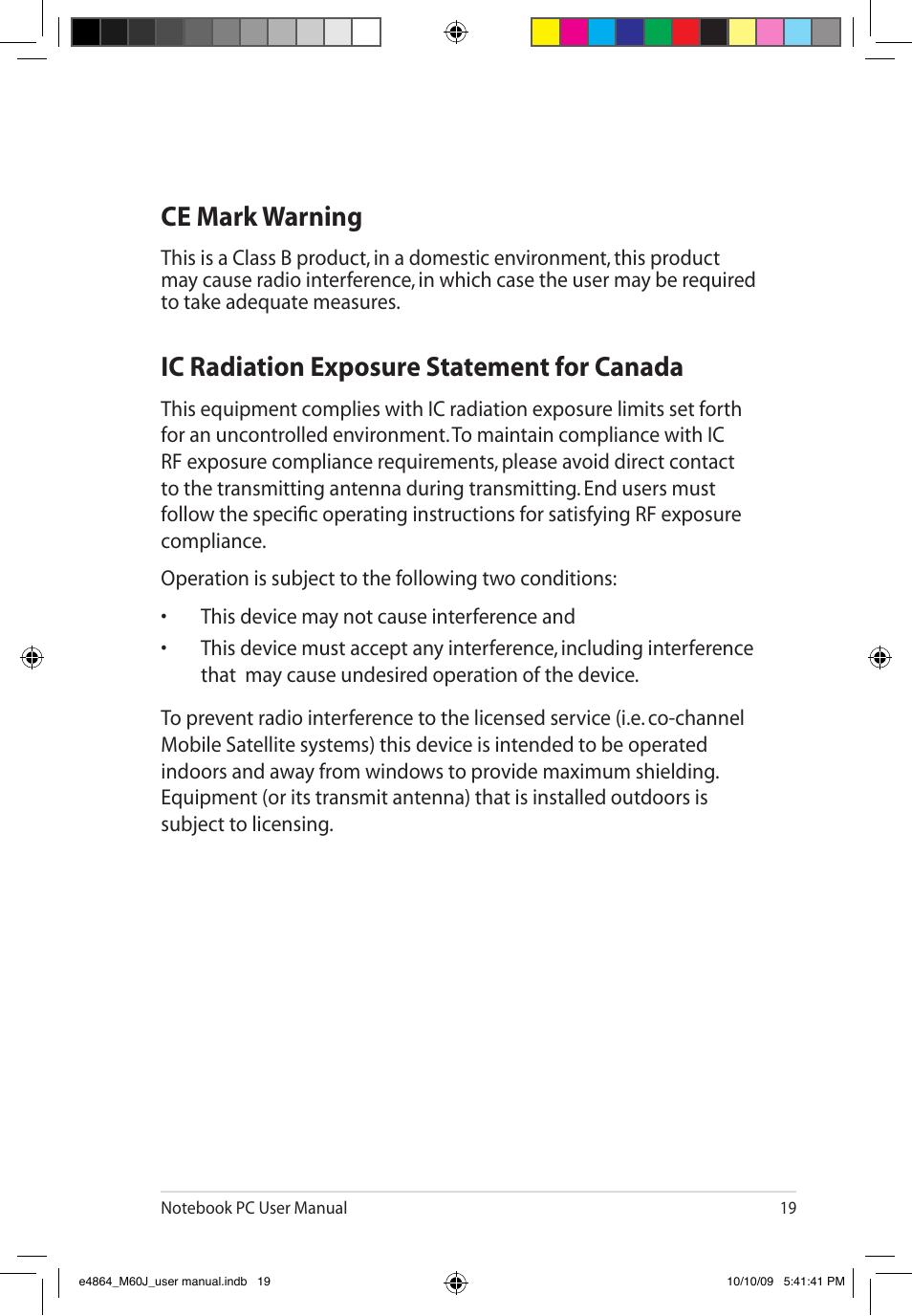 Ce mark warning, Ic radiation exposure statement for canada | Asus M60J User Manual | Page 21 / 28