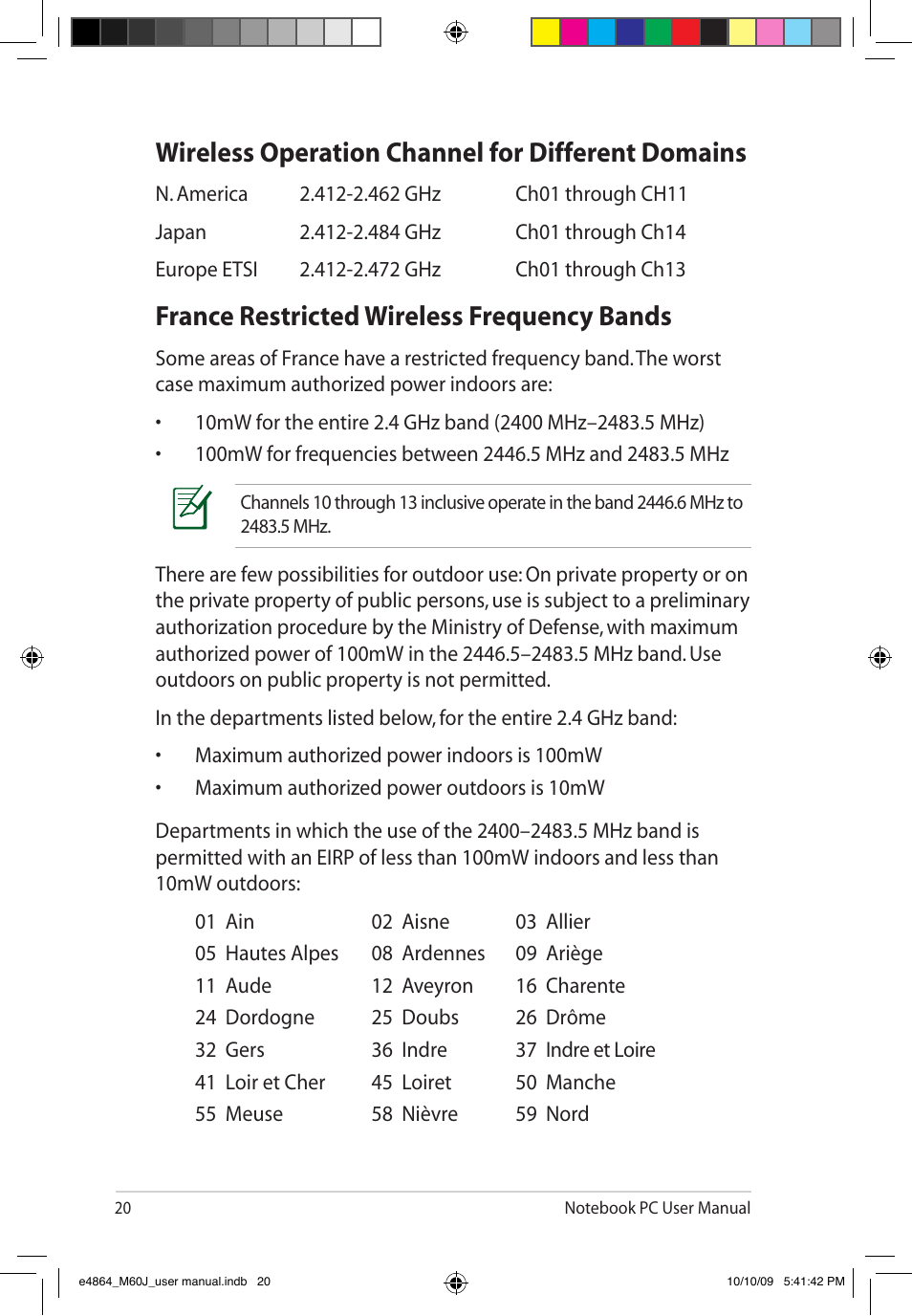 Wireless operation channel for different domains, France restricted wireless frequency bands | Asus M60J User Manual | Page 22 / 28
