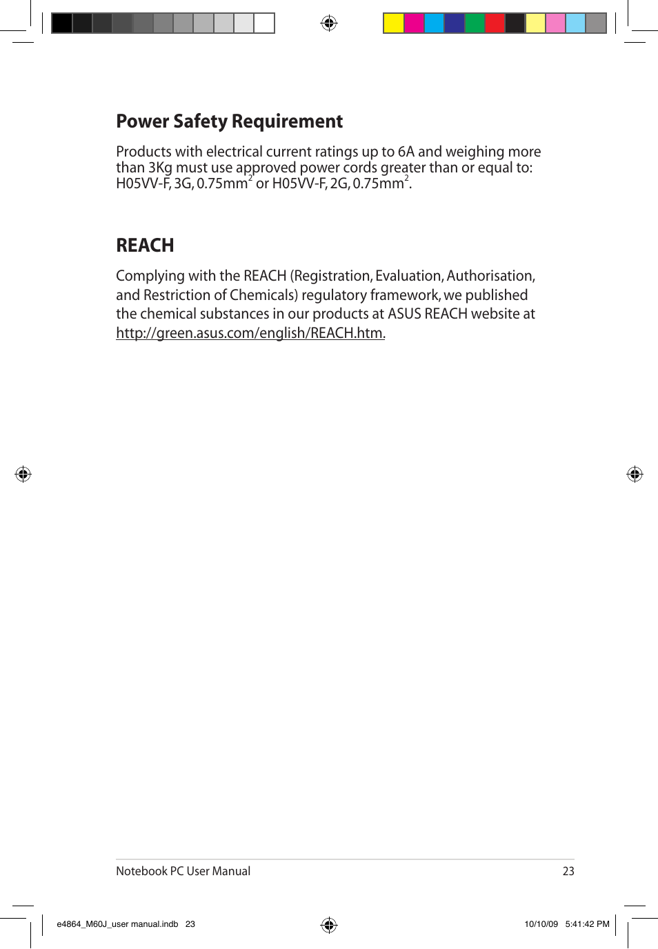 Power safety requirement, Reach | Asus M60J User Manual | Page 25 / 28