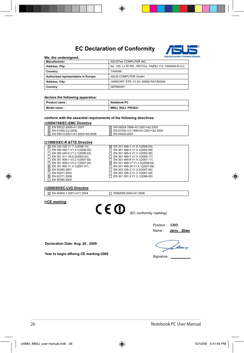 Ec declaration of conformity | Asus M60J User Manual | Page 28 / 28