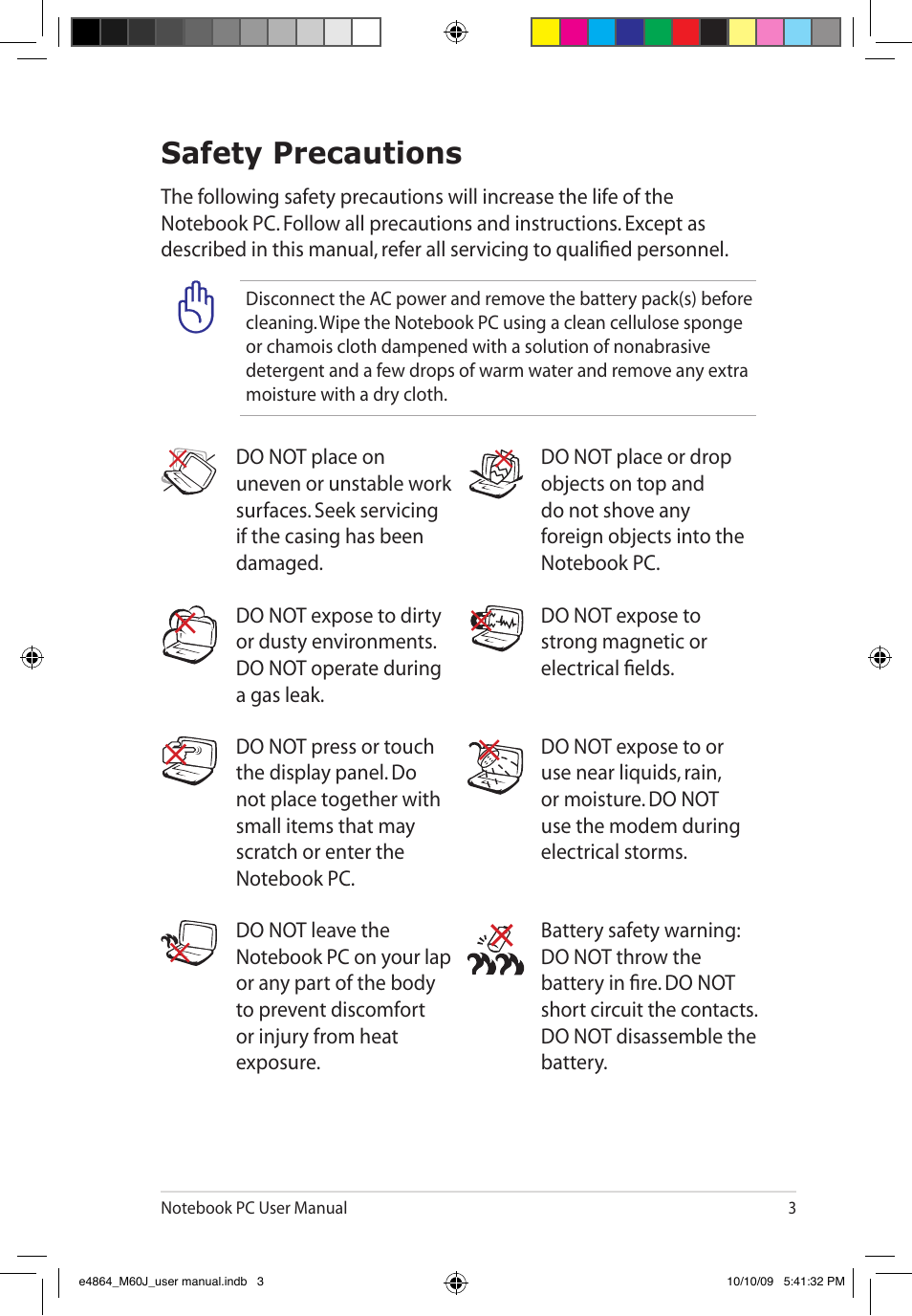 Safety precautions | Asus M60J User Manual | Page 5 / 28