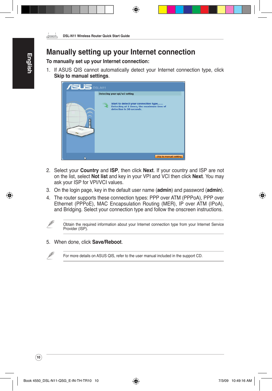 Manually setting up your internet connection, En glis h | Asus DSL-N11 User Manual | Page 10 / 19