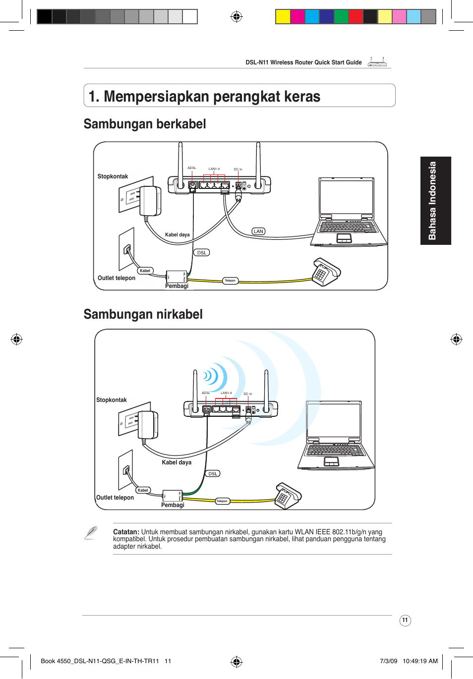 Mempersiapkan perangkat keras, Sambungan berkabel sambungan nirkabel, Bahasa indonesia | Asus DSL-N11 User Manual | Page 11 / 19