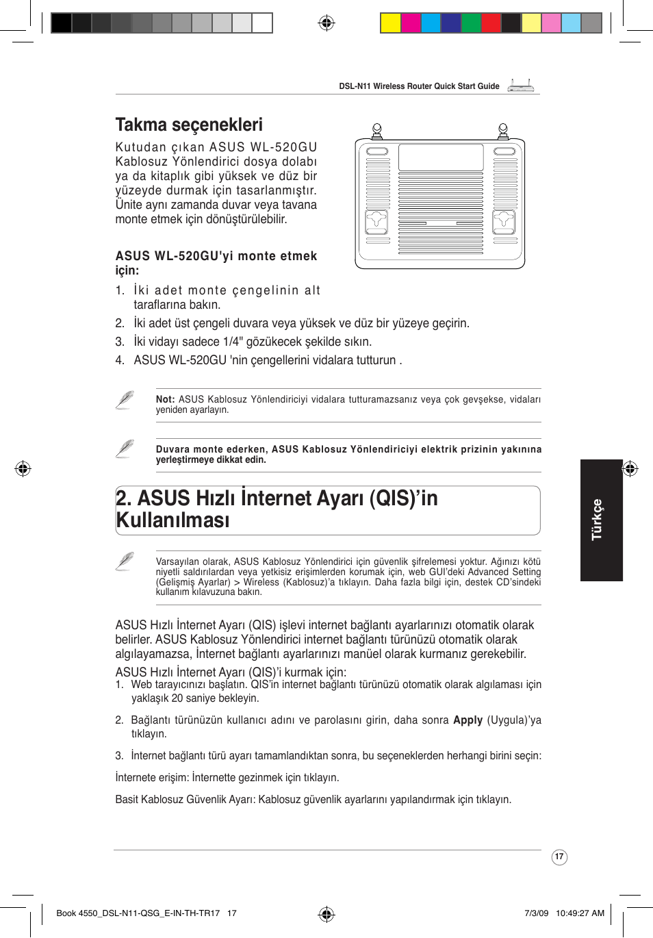 Asus hızlı internet ayarı (qis)’in kullanılması, Takma seçenekleri | Asus DSL-N11 User Manual | Page 18 / 19