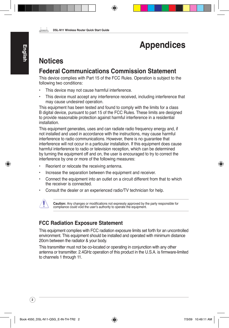 Appendices, Notices, Federal communications commission statement | Fcc radiation exposure statement | Asus DSL-N11 User Manual | Page 2 / 19