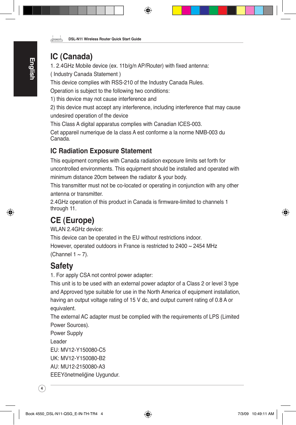 Ic (canada), Ce (europe), Safety | Ic radiation exposure statement | Asus DSL-N11 User Manual | Page 4 / 19