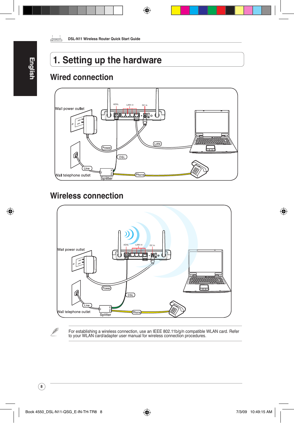 Setting up the hardware, Wired connection wireless connection, En glis h | Asus DSL-N11 User Manual | Page 8 / 19