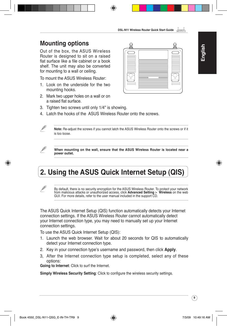Using the asus quick internet setup (qis), Mounting options | Asus DSL-N11 User Manual | Page 9 / 19