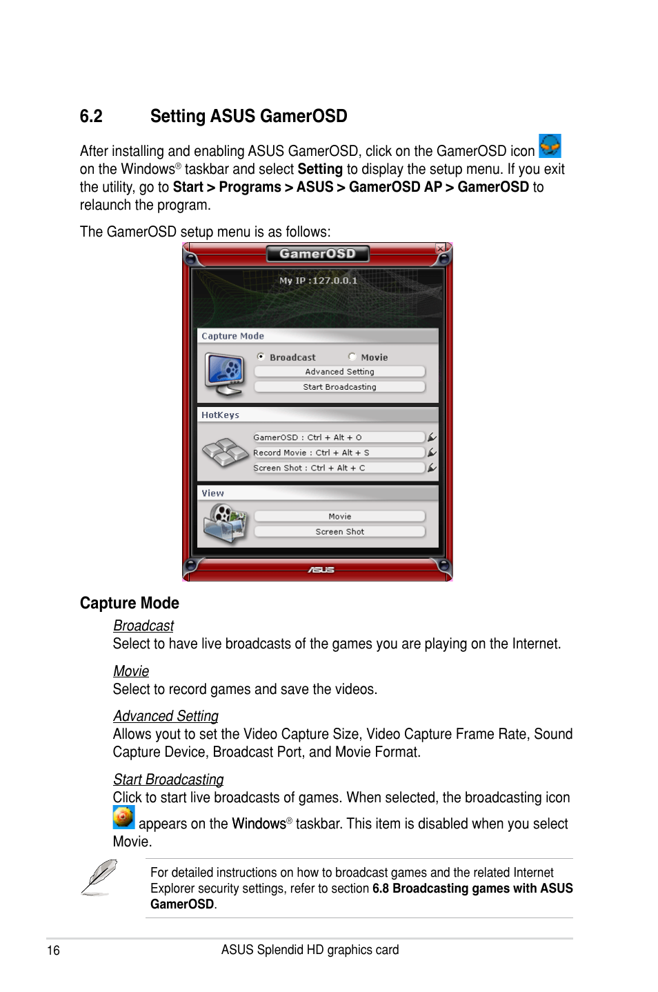 2 setting asus gamerosd, Setting asus gamerosd, Capture mode | Asus MA3850 Series User Manual | Page 22 / 62