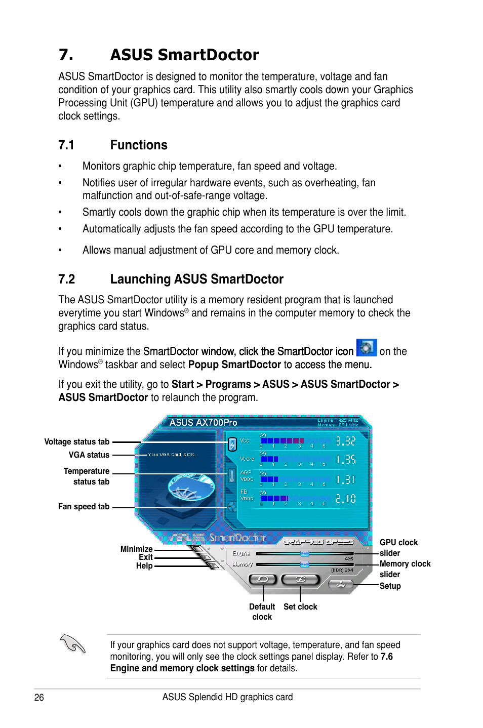 Asus smartdoctor, 1 functions, 2 launching asus smartdoctor | Asus smartdoctor 7.1, Functions, Launching asus smartdoctor | Asus MA3850 Series User Manual | Page 32 / 62