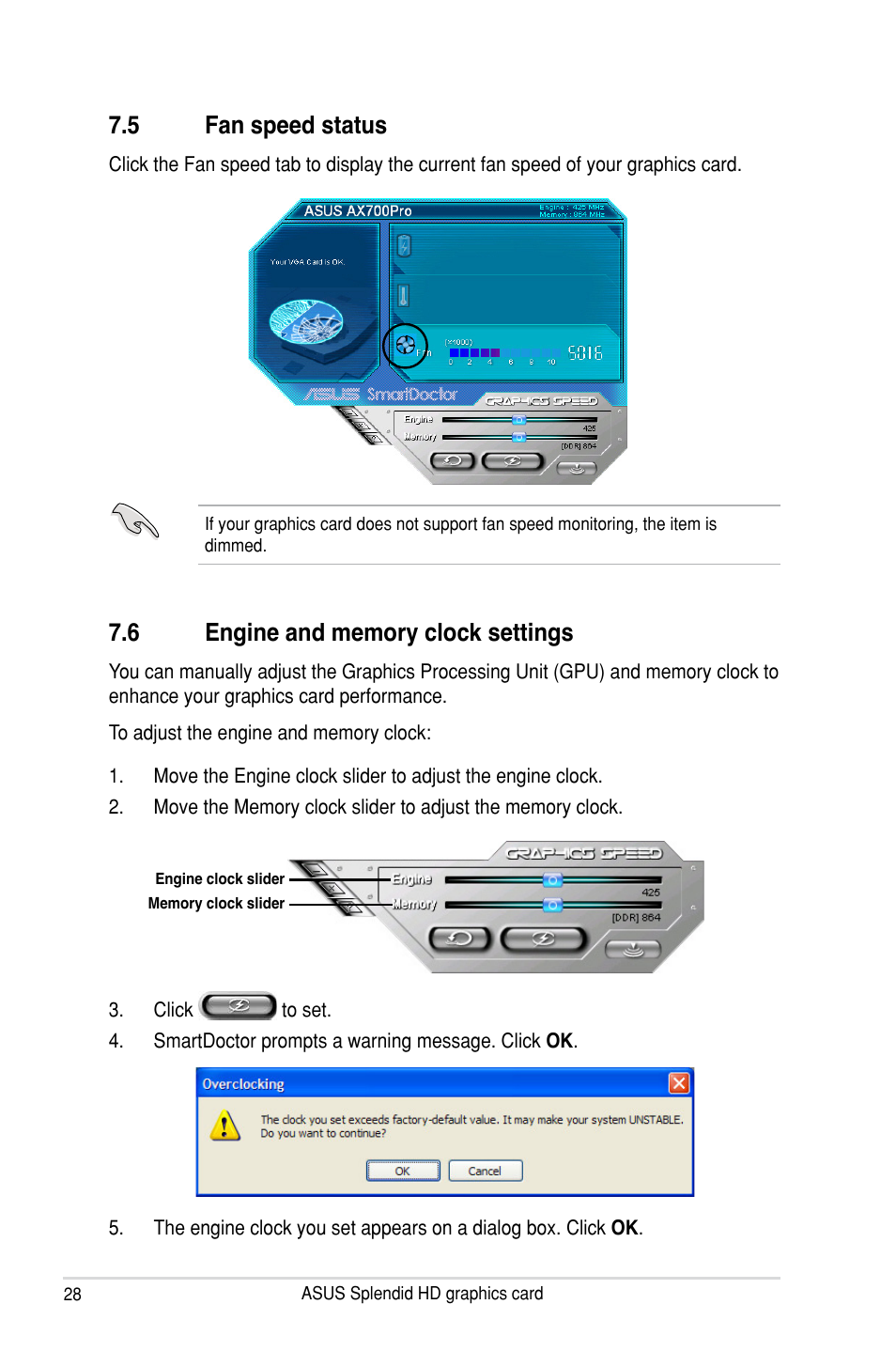 5 fan speed status, 6 engine and memory clock settings, Fan speed status | Engine and memory clock settings | Asus MA3850 Series User Manual | Page 34 / 62