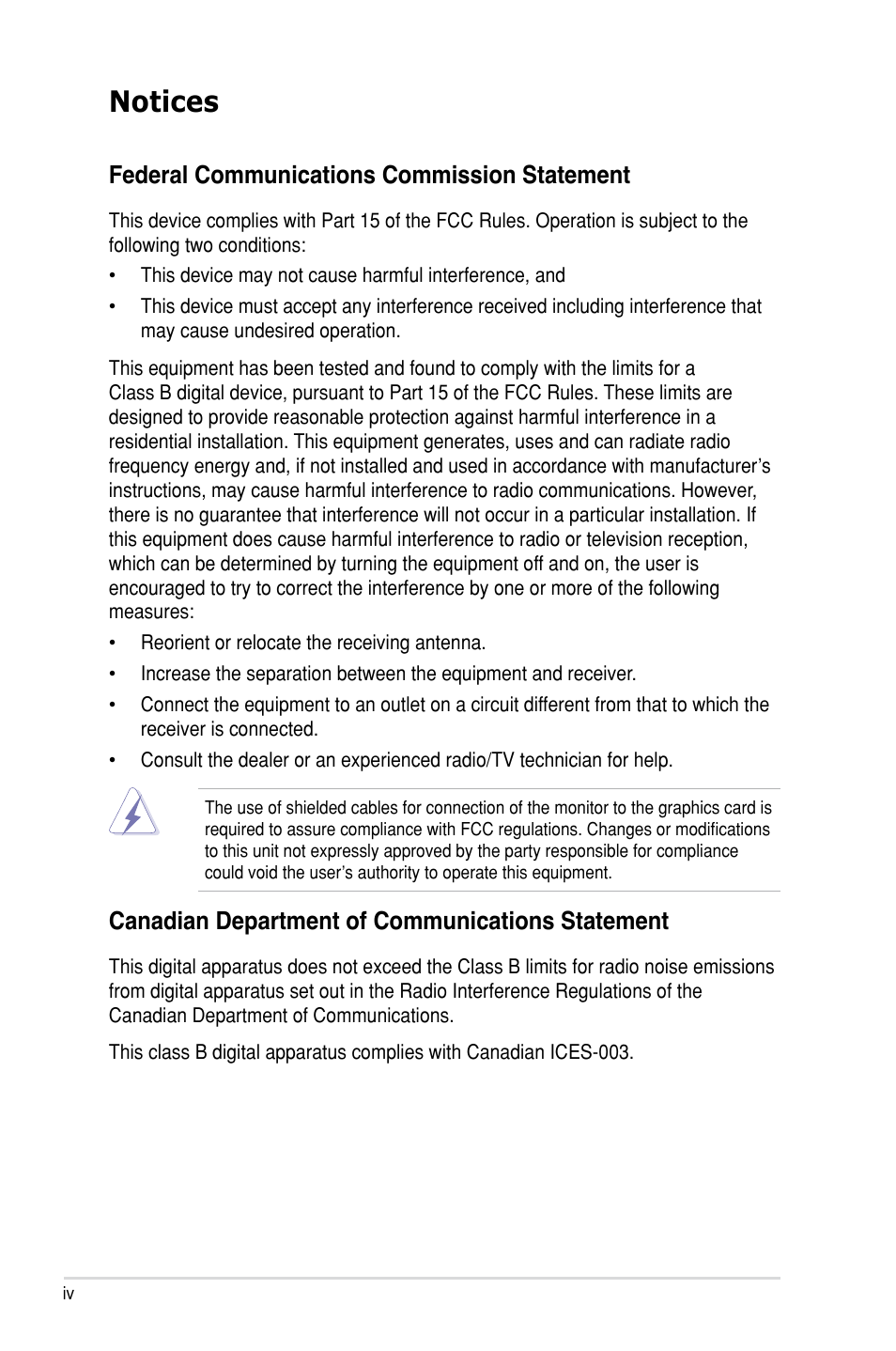 Notices, Federal communications commission statement, Canadian department of communications statement | Asus MA3850 Series User Manual | Page 4 / 62