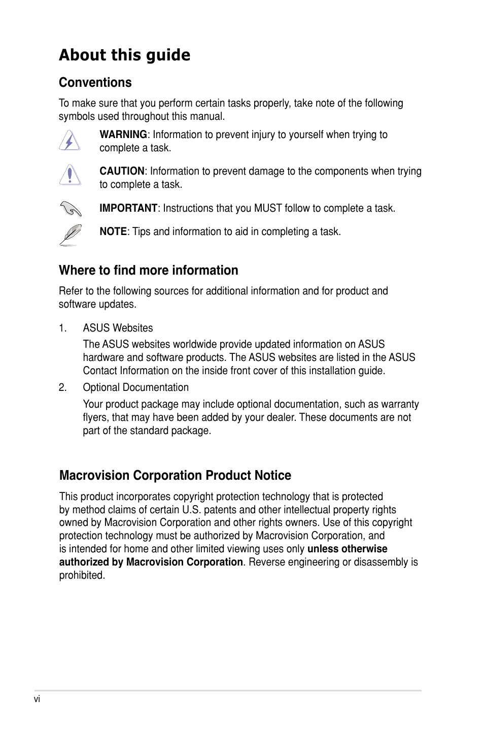 About this guide, Conventions, Where to find more information | Macrovision corporation product notice | Asus MA3850 Series User Manual | Page 6 / 62