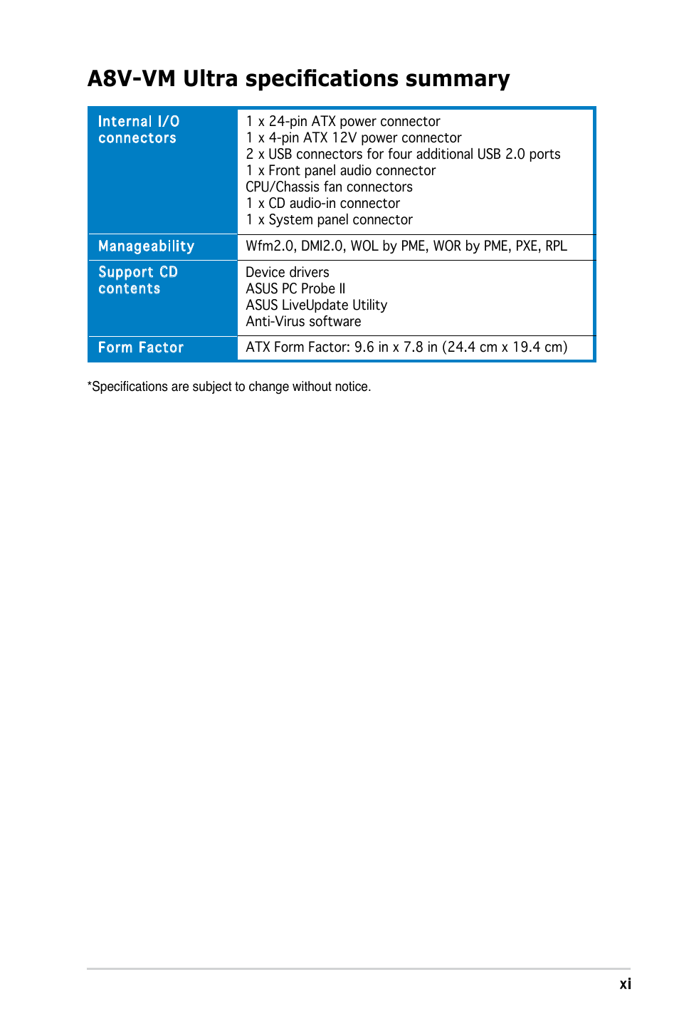 A8v-vm ultra specifications summary | Asus A8V-VM Ultra User Manual | Page 11 / 86
