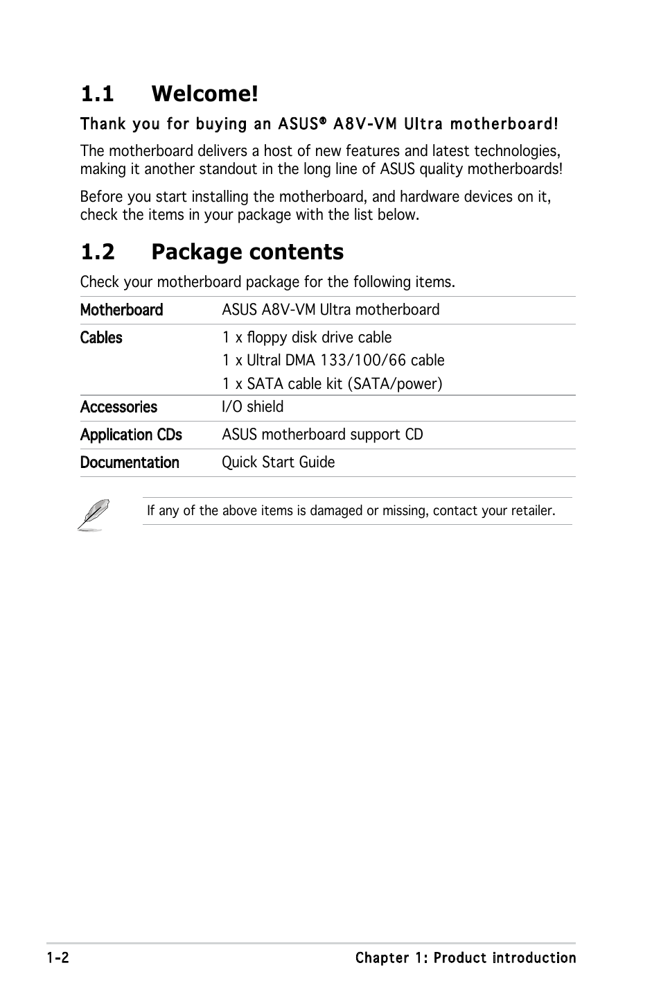 1 welcome, 2 package contents | Asus A8V-VM Ultra User Manual | Page 14 / 86