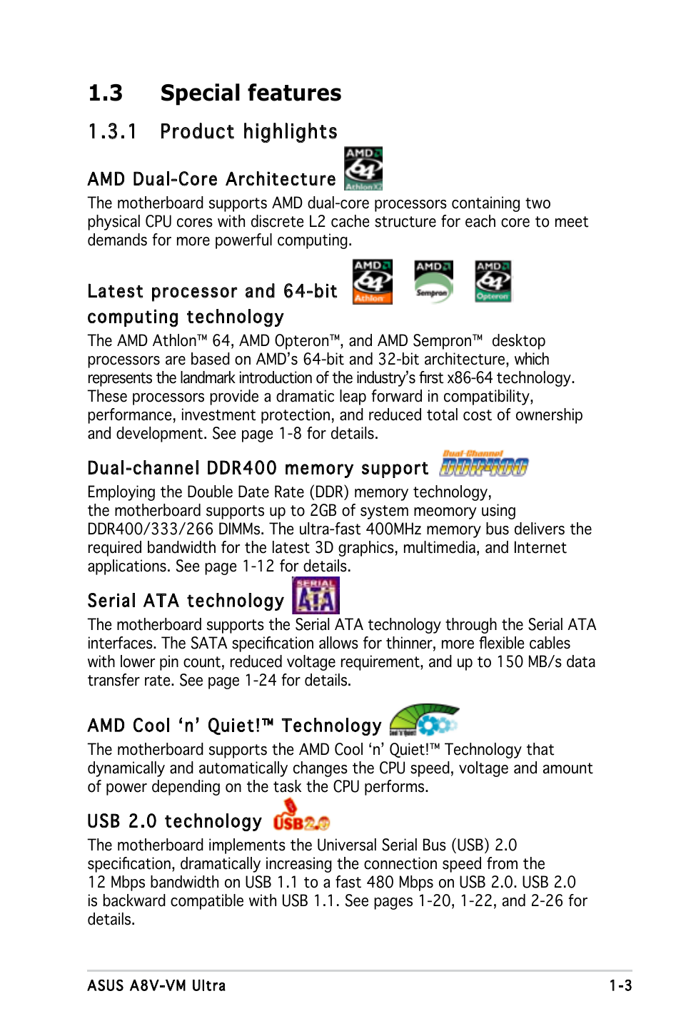 3 special features, 1 product highlights | Asus A8V-VM Ultra User Manual | Page 15 / 86