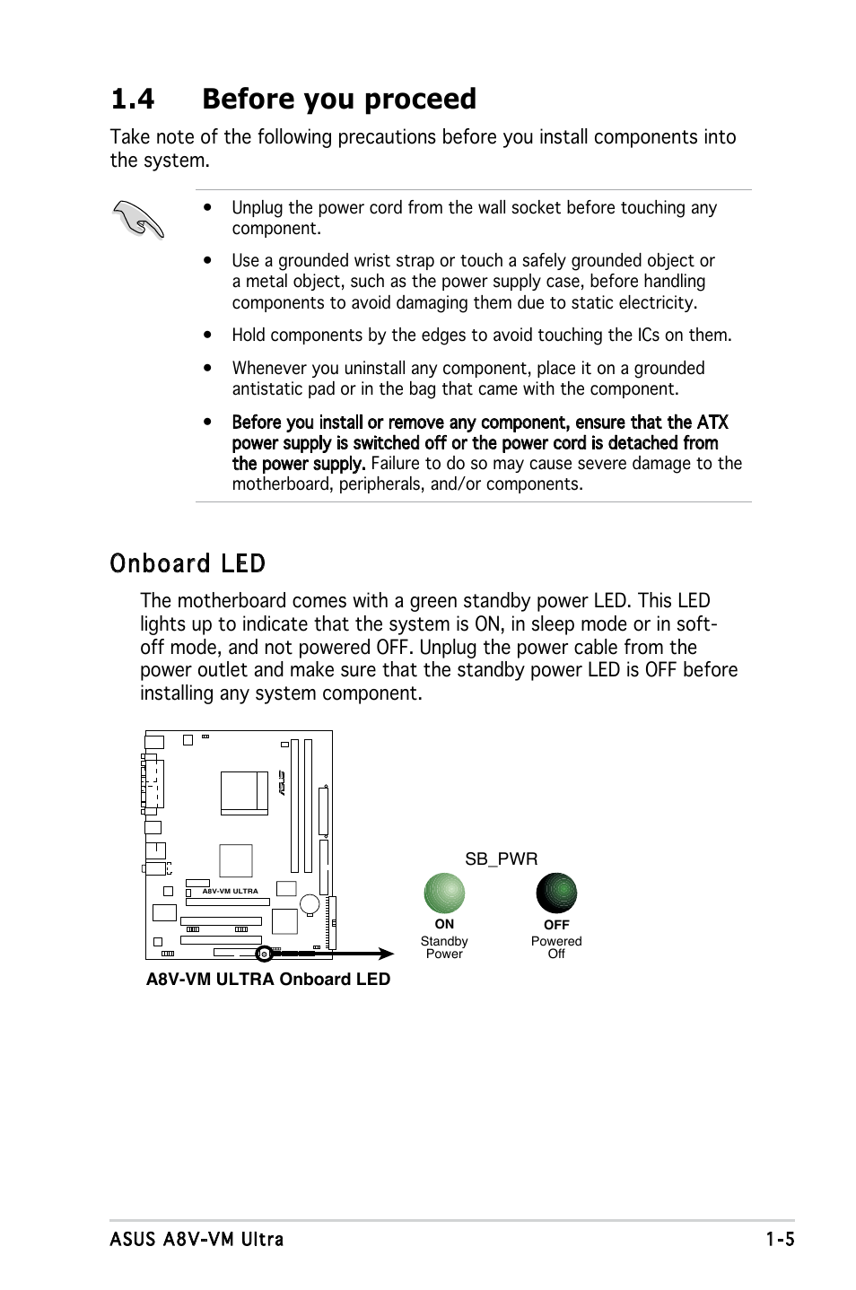 4 before you proceed, Onboard led | Asus A8V-VM Ultra User Manual | Page 17 / 86