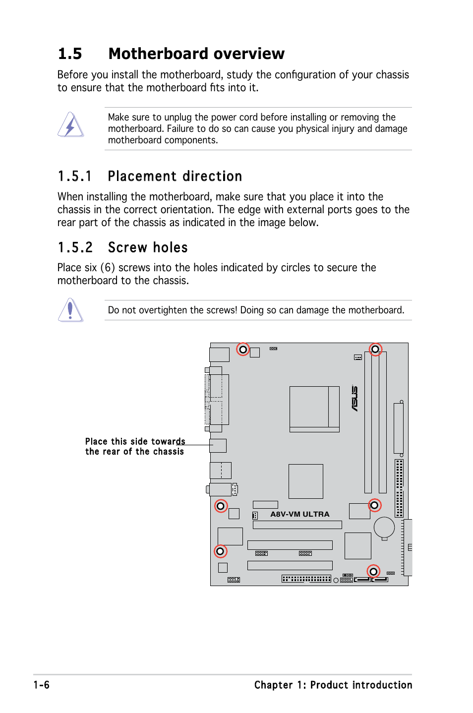 5 motherboard overview, 1 placement direction,  screw holes | Asus A8V-VM Ultra User Manual | Page 18 / 86