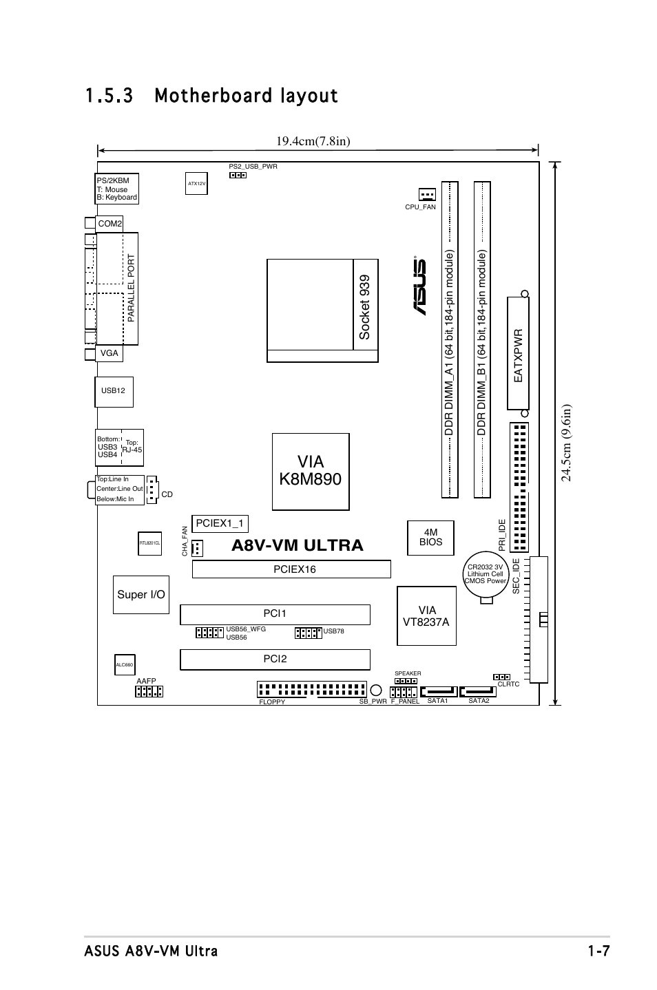 3 motherboard layout, Via k8m890, A8v-vm ultra |  asus a8v-vm ultra, Socket 939, Via vt8237a, Super i/o | Asus A8V-VM Ultra User Manual | Page 19 / 86