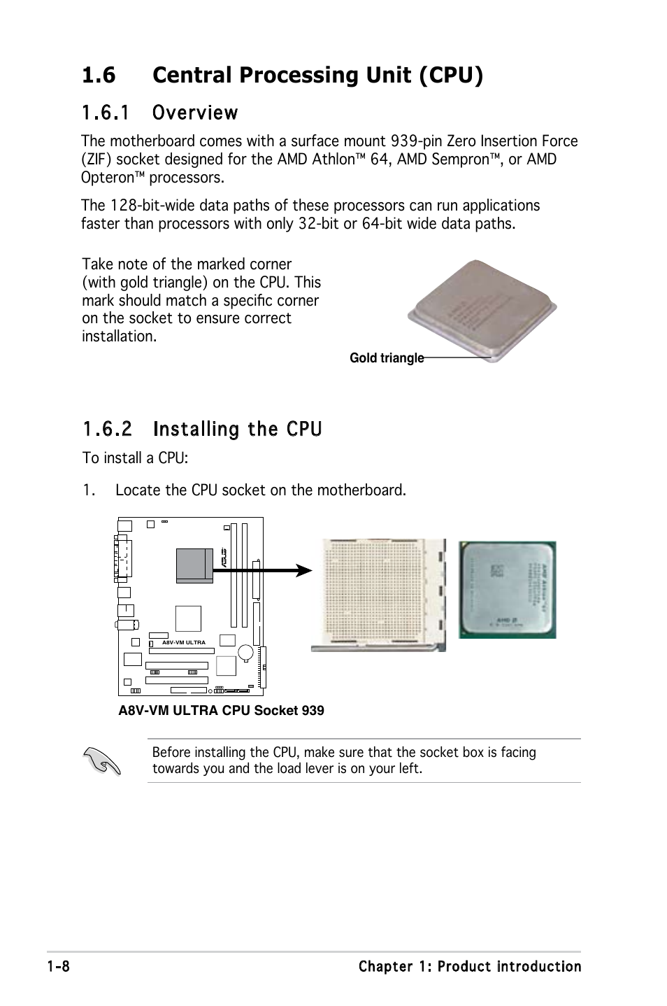 6 central processing unit (cpu),  installing the cpu, 1 overview | Asus A8V-VM Ultra User Manual | Page 20 / 86