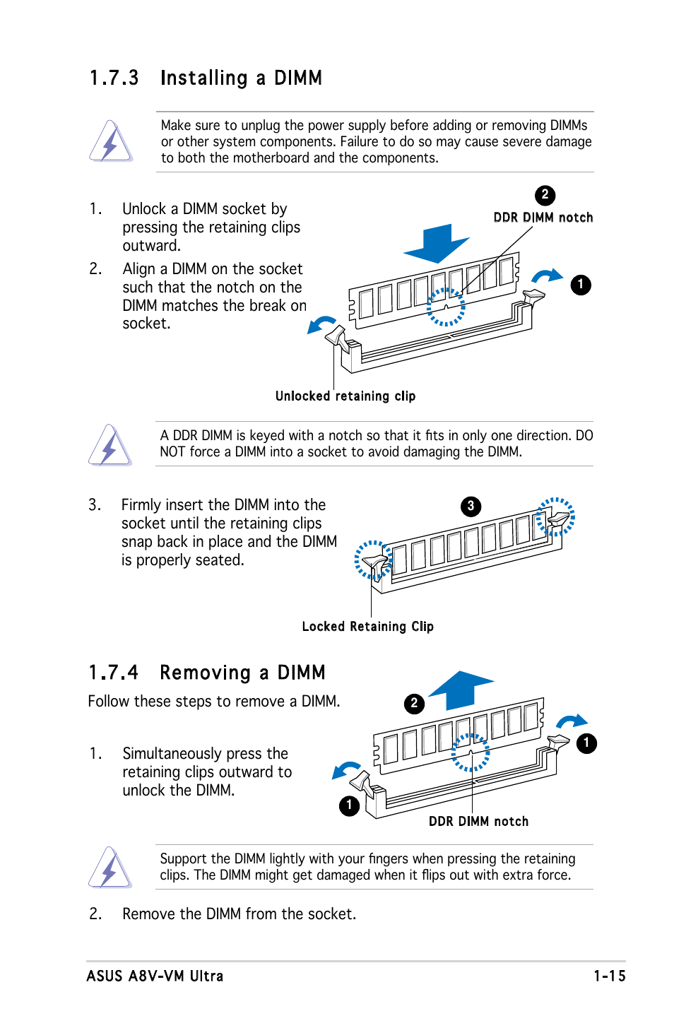 .4 removing a dimm, .3 installing a dimm | Asus A8V-VM Ultra User Manual | Page 27 / 86