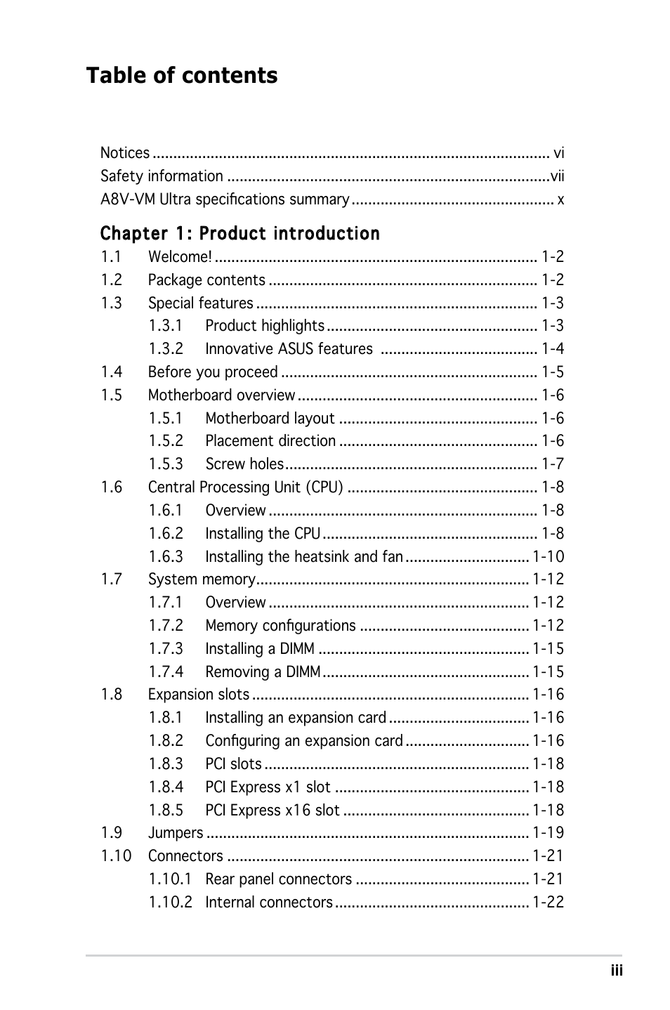 Asus A8V-VM Ultra User Manual | Page 3 / 86