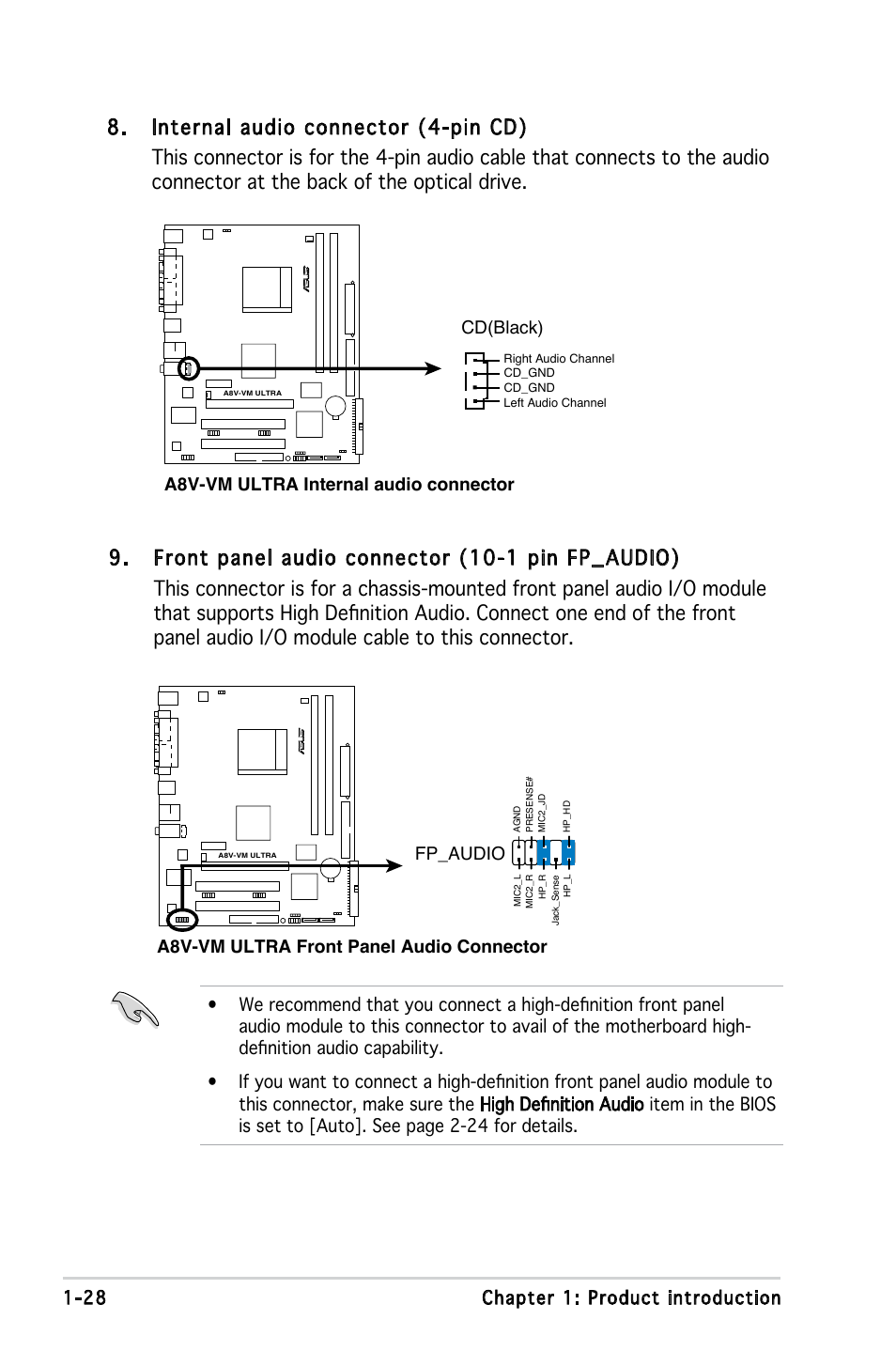 A8v-vm ultra front panel audio connector, Fp_audio, A8v-vm ultra internal audio connector cd(black) | Asus A8V-VM Ultra User Manual | Page 40 / 86