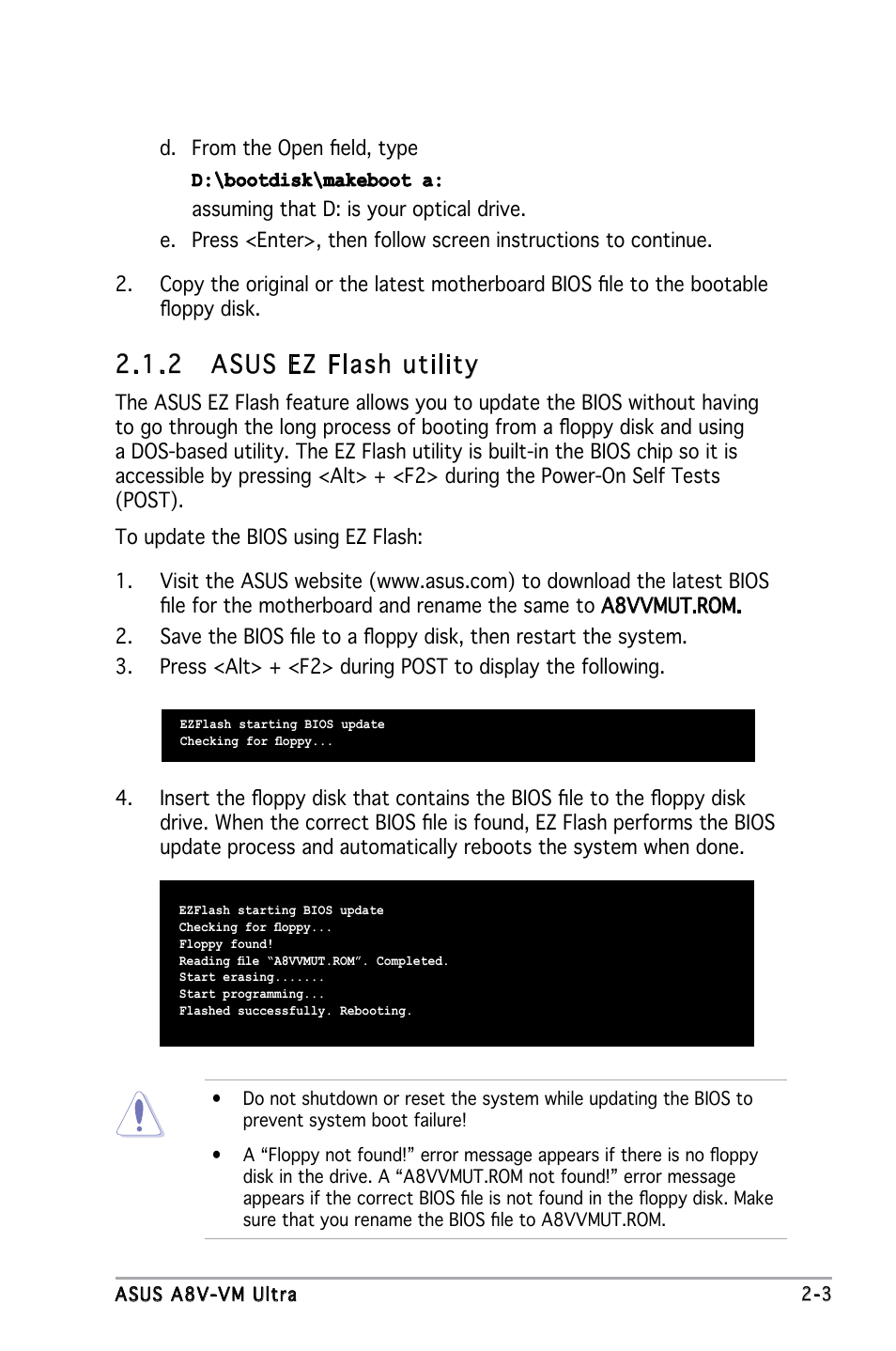 2 asus ez flash utility | Asus A8V-VM Ultra User Manual | Page 45 / 86