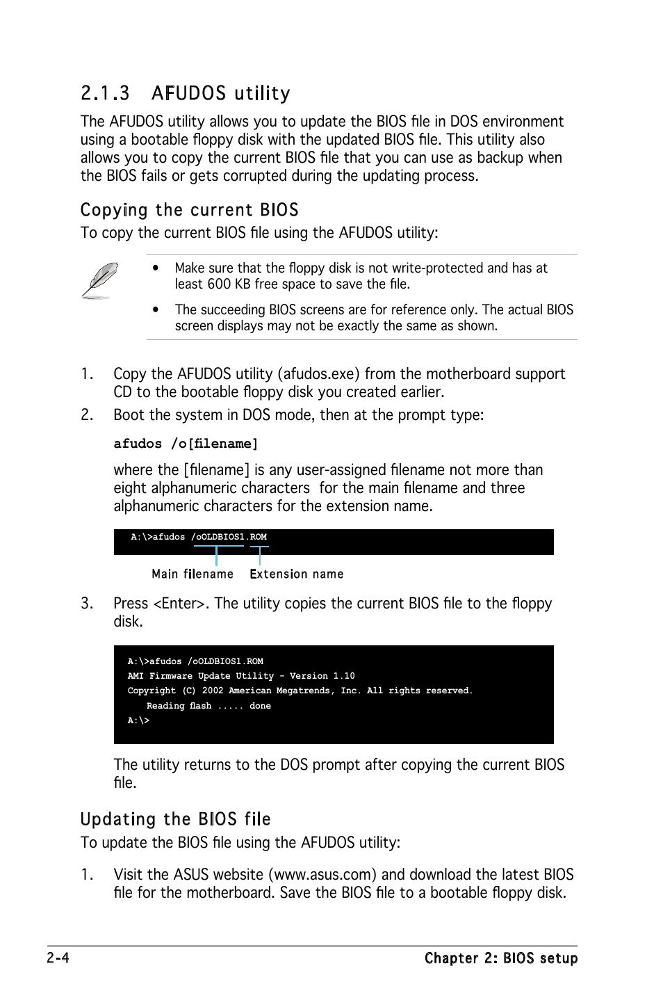 3 afudos utility, Updating the bios file, Copying the current bios | Asus A8V-VM Ultra User Manual | Page 46 / 86