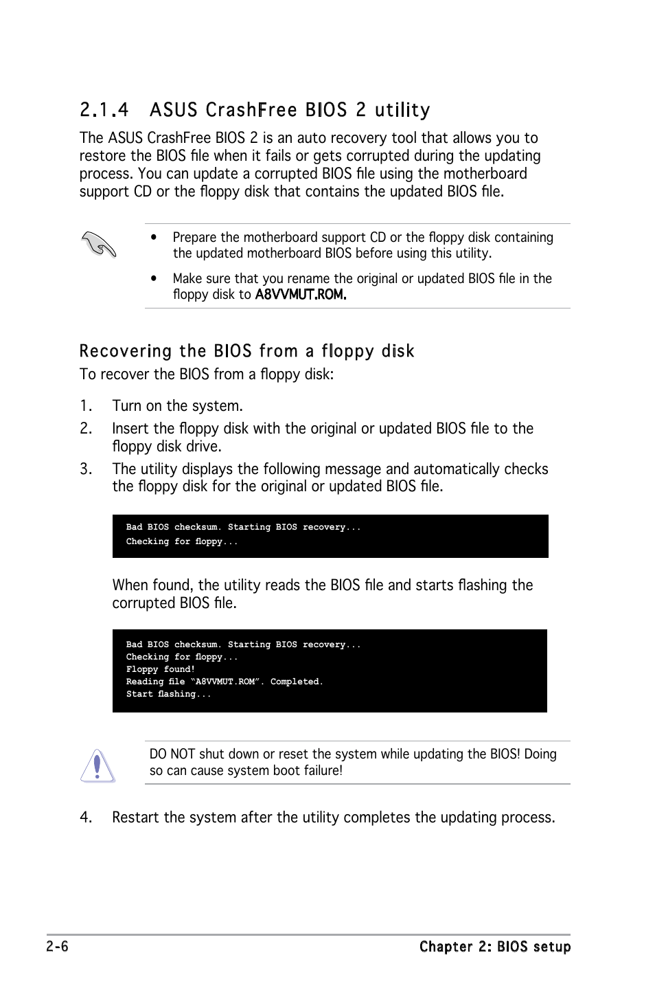 4 asus crashfree bios 2 utility, Recovering the bios from a floppy disk | Asus A8V-VM Ultra User Manual | Page 48 / 86