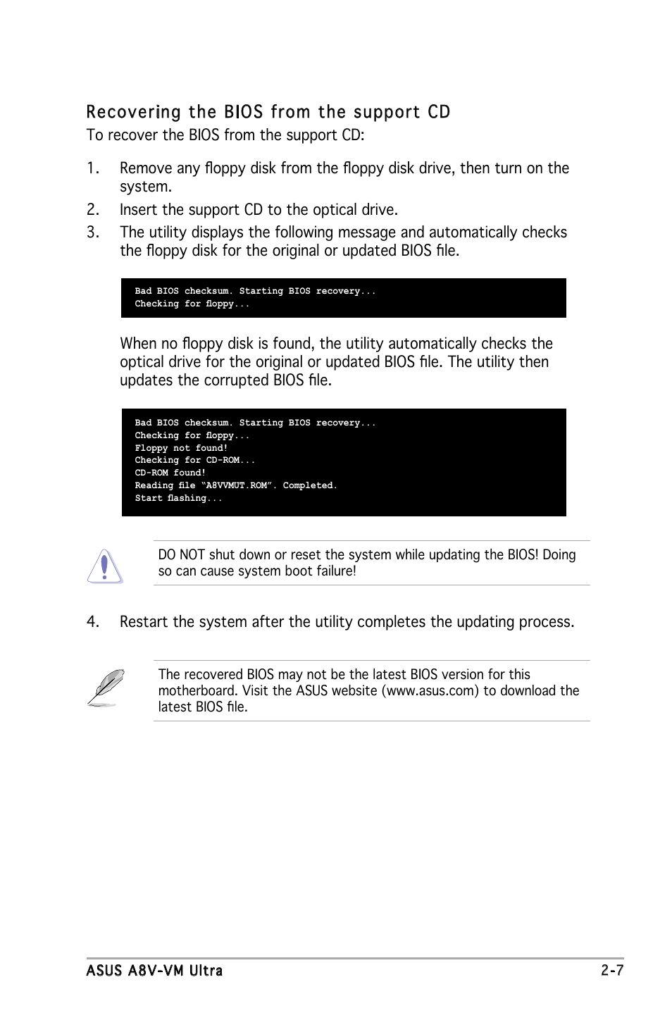 Recovering the bios from the support cd | Asus A8V-VM Ultra User Manual | Page 49 / 86