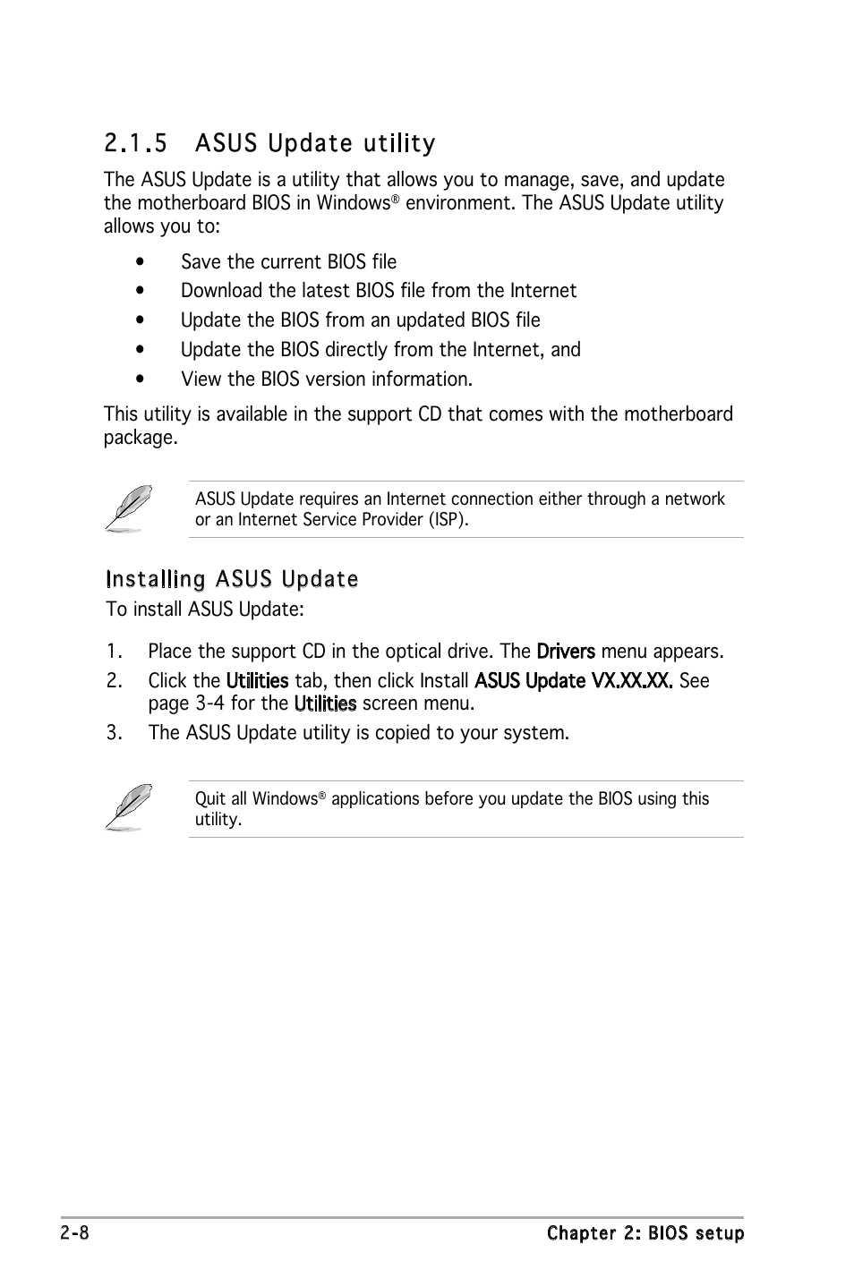  asus update utility, Installing asus update | Asus A8V-VM Ultra User Manual | Page 50 / 86