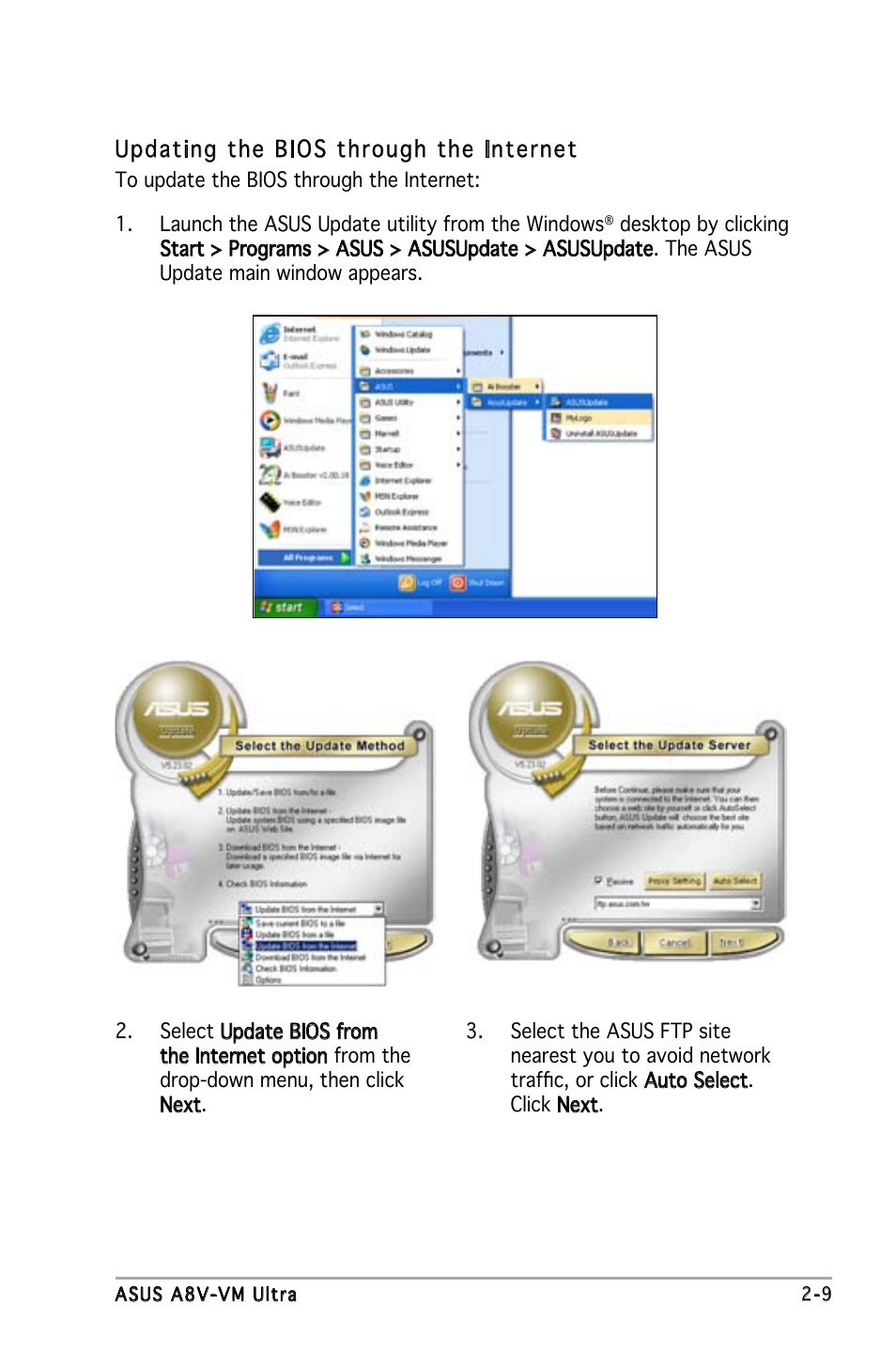 Updating the bios through the internet | Asus A8V-VM Ultra User Manual | Page 51 / 86