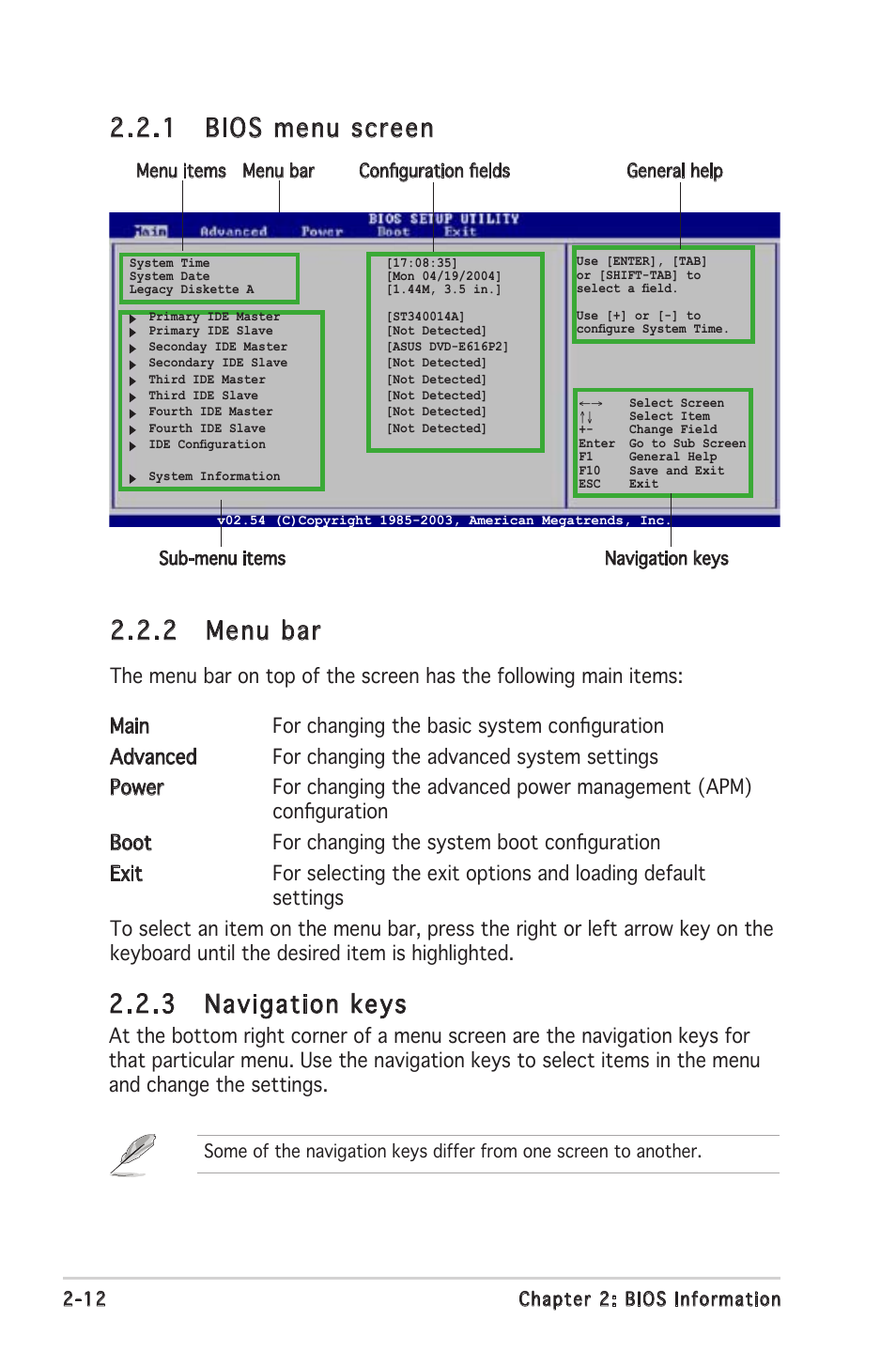 2 menu bar, 1 bios menu screen 2.2.3 navigation keys | Asus A8V-VM Ultra User Manual | Page 54 / 86