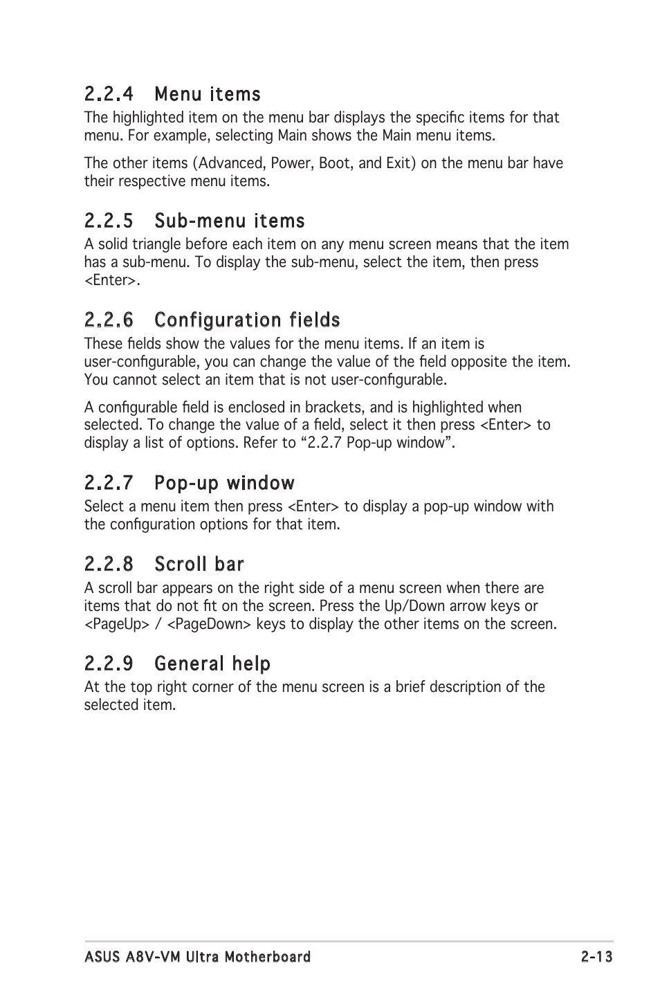 4 menu items, 5 sub-menu items, 6 configuration fields | 7 pop-up window, 8 scroll bar, 9 general help | Asus A8V-VM Ultra User Manual | Page 55 / 86