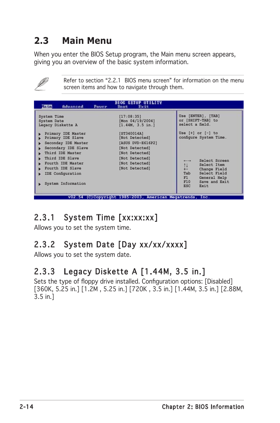 3 main menu, 1 system time [xx:xx:xx, Allows you to set the system time | Allows you to set the system date | Asus A8V-VM Ultra User Manual | Page 56 / 86