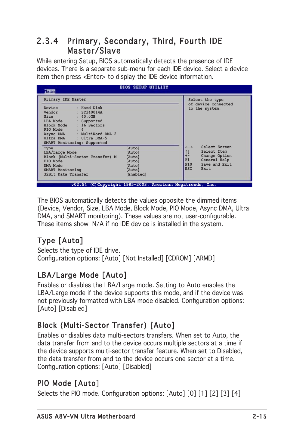 Type [auto, Lba/large mode [auto, Block (multi-sector transfer) [auto | Pio mode [auto | Asus A8V-VM Ultra User Manual | Page 57 / 86