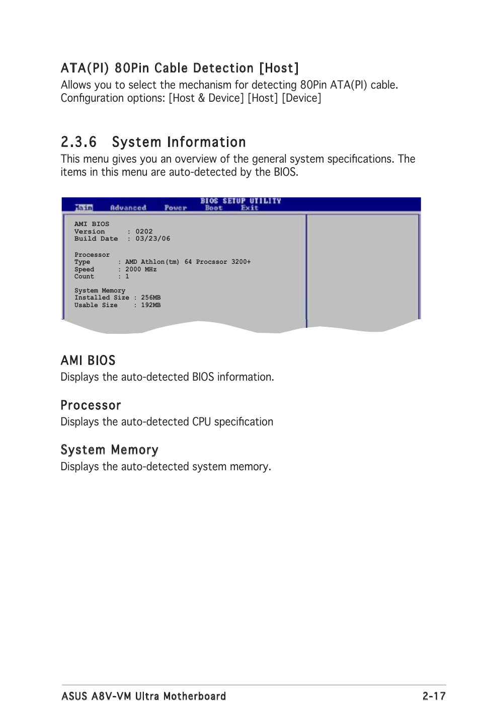 6 system information, Ami bios, Processor | Ata(pi) 80pin cable detection [host | Asus A8V-VM Ultra User Manual | Page 59 / 86