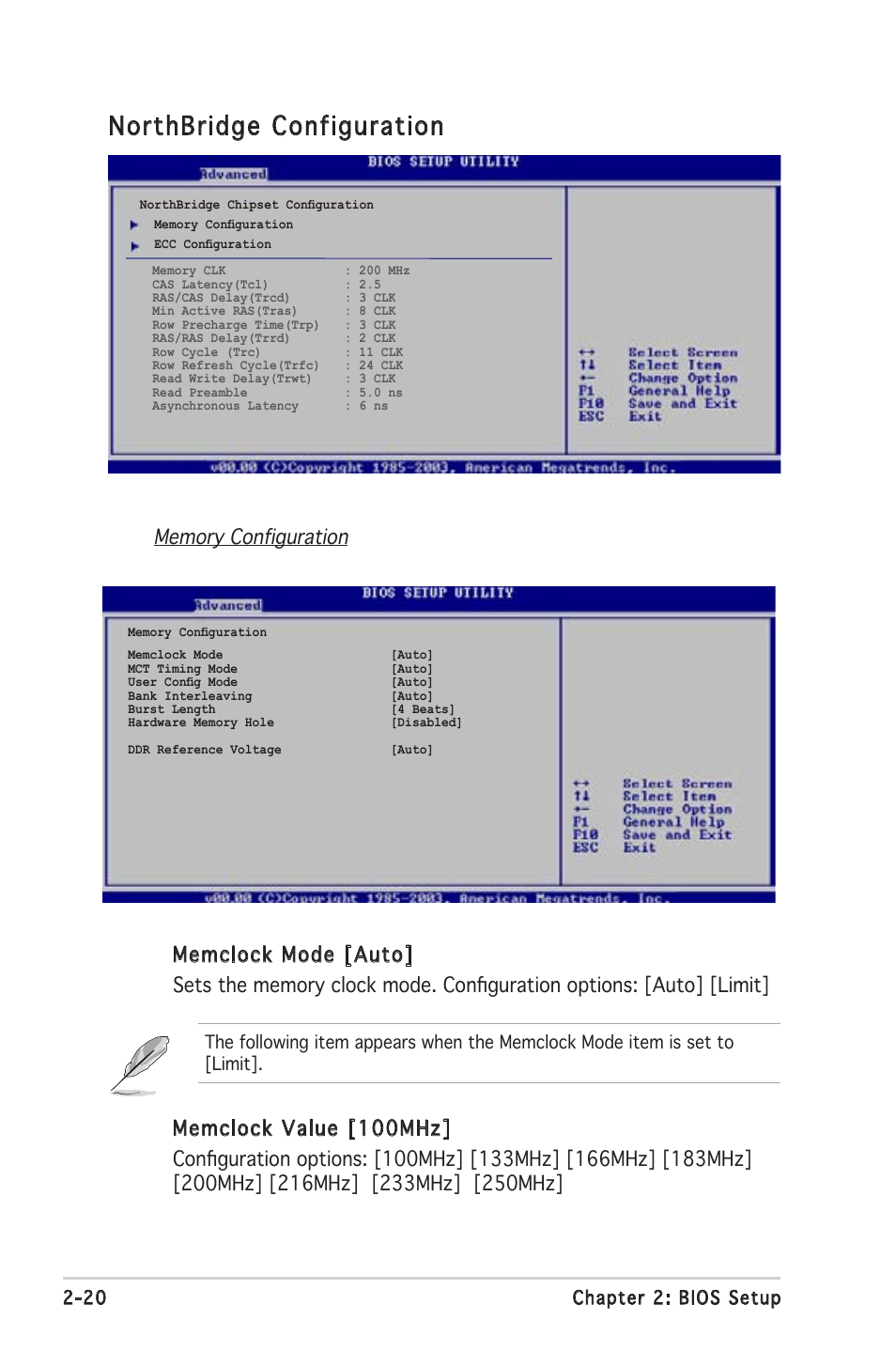 Northbridge configuration, 20 chapter 2: bios setup | Asus A8V-VM Ultra User Manual | Page 62 / 86