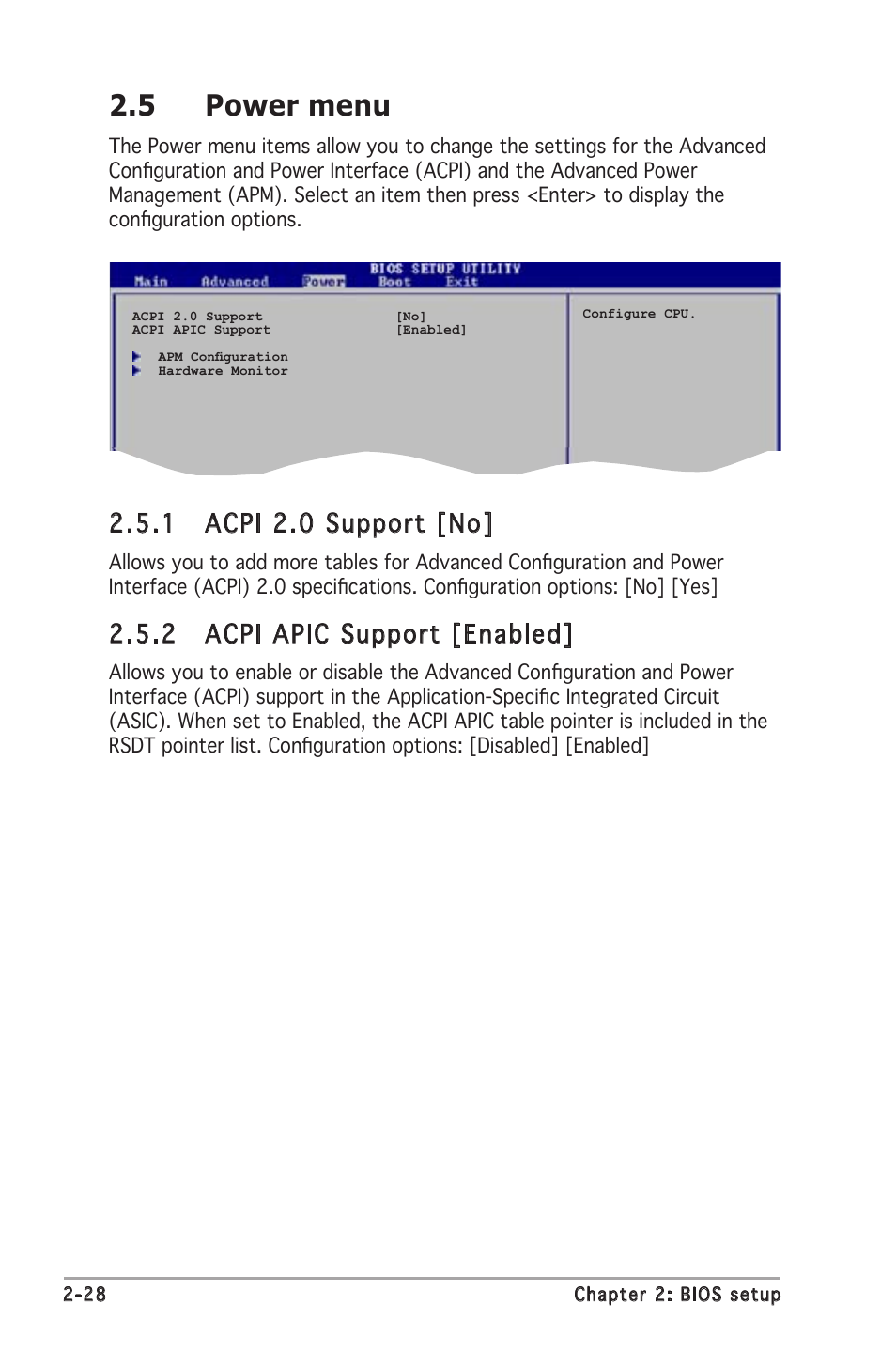 5 power menu, 1 acpi 2.0 support [no, 2 acpi apic support [enabled | Asus A8V-VM Ultra User Manual | Page 70 / 86